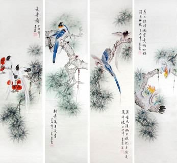 Chinese Four Screens of Flowers and Birds Painting,33cm x 130cm,2703081-x