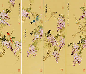 Chinese Four Screens of Flowers and Birds Painting,32cm x 120cm,xm21184012-x