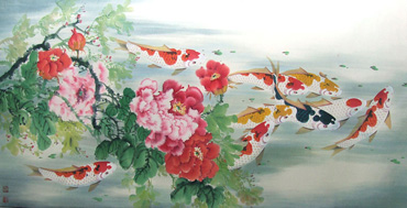 Chinese Koi Fish Painting,69cm x 138cm,2078011-x