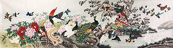 Chinese 100 Birds Painting,100cm x 360cm,2735012-x