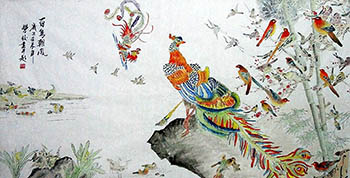 Chinese 100 Birds Painting,90cm x 170cm,4622010-x