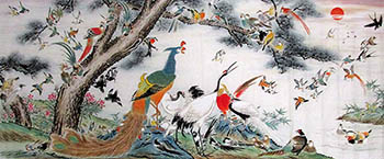 Chinese 100 Birds Painting,96cm x 240cm,ysq21078007-x