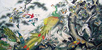 Chinese 100 Birds Painting,96cm x 180cm,ysq21078009-x