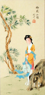 Chinese Beautiful Ladies Painting,30cm x 62cm,3810004-x