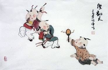 Chinese Boyes Painting,69cm x 46cm,3814017-x