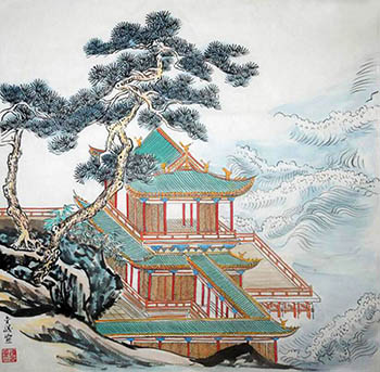 Chinese Buildings Pavilions Palaces Towers Terraces Painting,69cm x 69cm,1747001-x