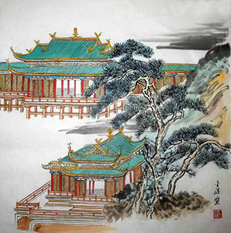 Chinese Buildings Pavilions Palaces Towers Terraces Painting,69cm x 69cm,1747004-x