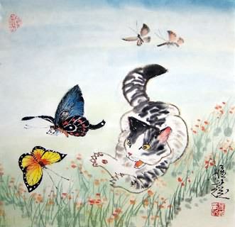 Chinese Cat Painting,45cm x 45cm,4367012-x