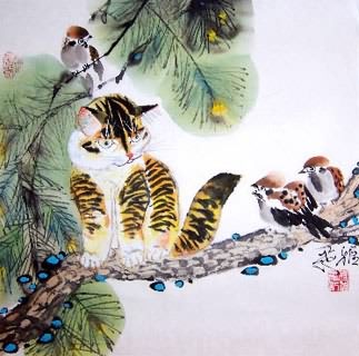 Chinese Cat Painting,45cm x 45cm,4367022-x