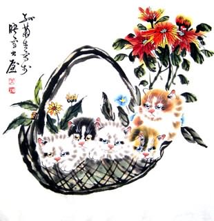 Chinese Cat Painting,69cm x 69cm,4489005-x