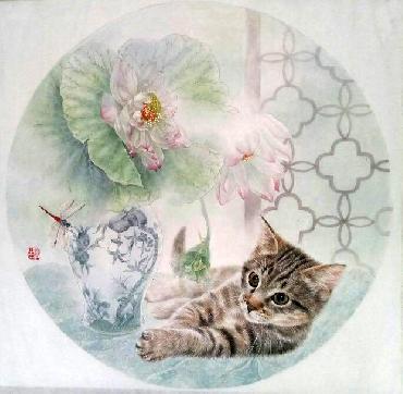 Chinese Cat Painting,66cm x 66cm,lbz41082004-x