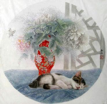 Chinese Cat Painting,66cm x 66cm,lbz41082005-x