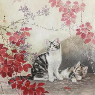 Chinese Cat Painting,66cm x 66cm,lbz41082007-x
