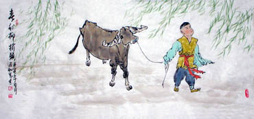 Chinese Cattle Painting,48cm x 96cm,4360002-x