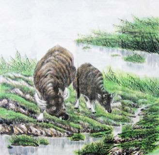 Chinese Cattle Painting,69cm x 69cm,4449001-x