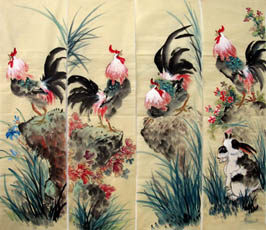 Chinese Chicken Painting,34cm x 120cm,4581001-x