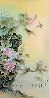 Chinese Cotton Rose Painting,65cm x 134cm,2384007-x
