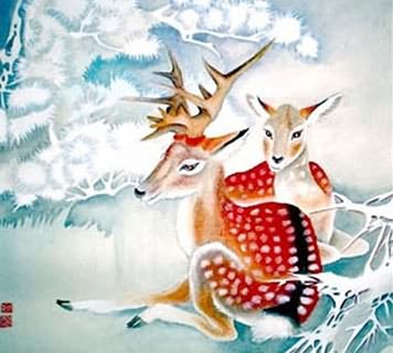 Chinese Deer Painting,45cm x 45cm,4367001-x