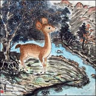 Chinese Deer Painting,50cm x 50cm,4449008-x
