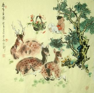 Chinese Deer Painting,66cm x 66cm,4457001-x