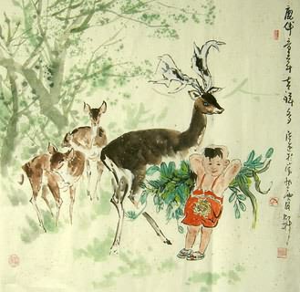 Chinese Deer Painting,66cm x 66cm,4457002-x