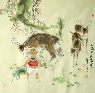 Chinese Deer Painting,66cm x 66cm,4457003-x