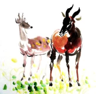 Chinese Deer Painting,69cm x 69cm,4458003-x