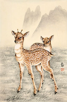 Chinese Deer Painting,44cm x 68cm,gfl41198003-x