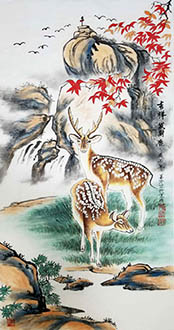 Chinese Deer Painting,55cm x 90cm,llg41199001-x