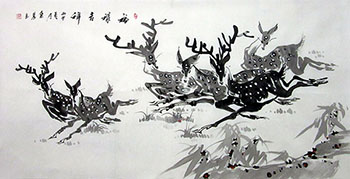 Chinese Deer Painting,68cm x 136cm,wlc41206001-x