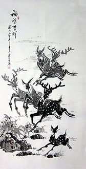 Chinese Deer Painting,68cm x 136cm,wlc41206005-x