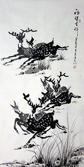 Chinese Deer Painting,68cm x 136cm,wlc41206007-x