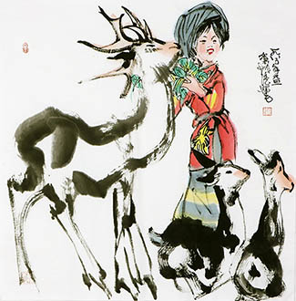 Chinese Deer Painting,68cm x 68cm,ys41202003-x