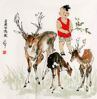 Chinese Deer Painting,68cm x 68cm,ys41202006-x