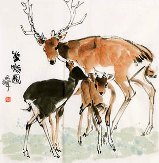 Chinese Deer Painting,68cm x 68cm,ys41202009-x