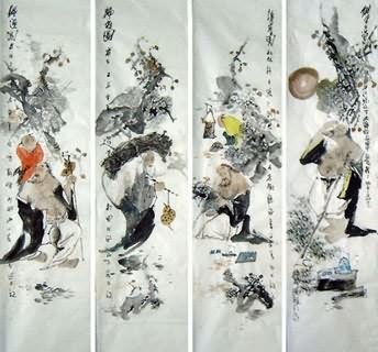 Chinese Fishman Farmer Painting,34cm x 138cm,3708001-x