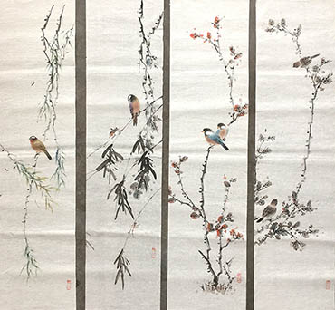 Chinese Four Screens of Flowers and Birds Painting,27cm x 113cm,2011059-x