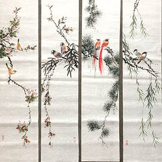 Chinese Four Screens of Flowers and Birds Painting,27cm x 113cm,2011060-x