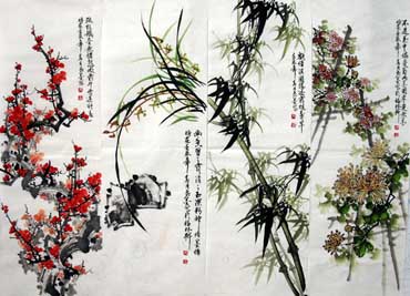 Chinese Four Screens of Flowers and Birds Painting,34cm x 96cm,2314009-x