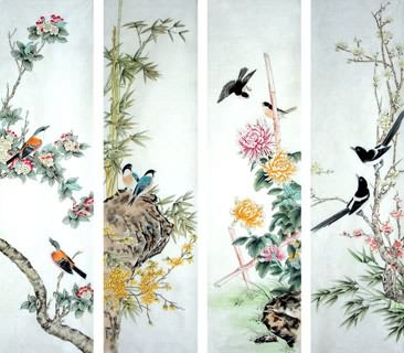 Chinese Four Screens of Flowers and Birds Painting,45cm x 138cm,2322022-x