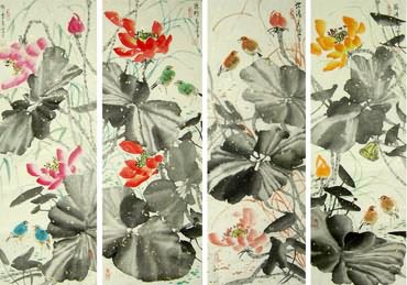 Chinese Four Screens of Flowers and Birds Painting,34cm x 96cm,2323014-x