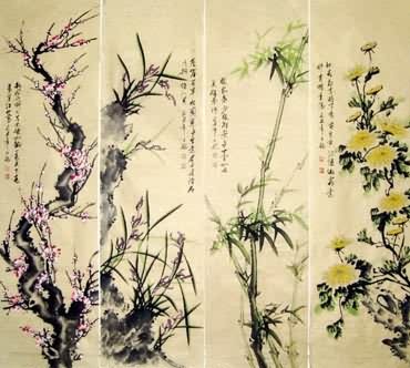 Chinese Four Screens of Flowers and Birds Painting,32cm x 120cm,2339004-x