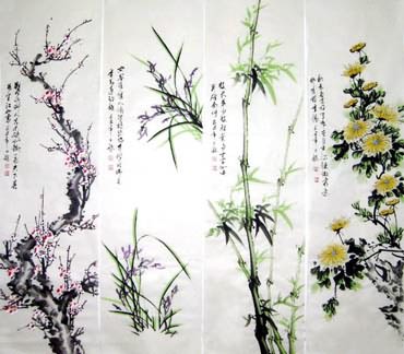 Chinese Four Screens of Flowers and Birds Painting,32cm x 120cm,2339005-x