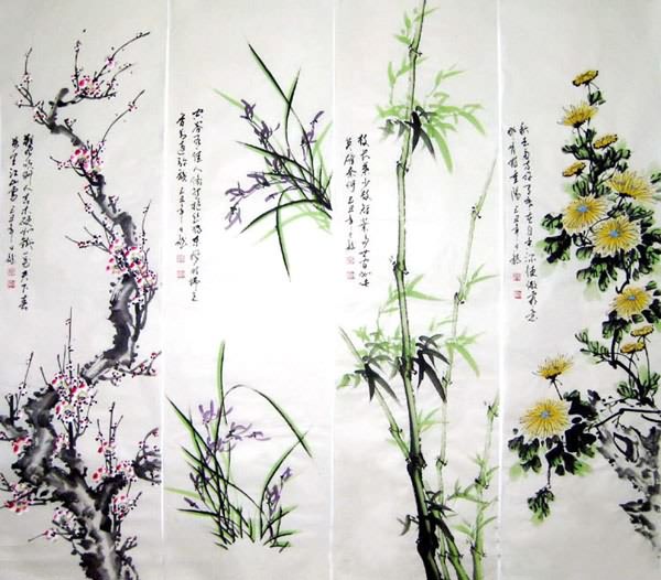 Four Screens of Flowers and Birds,32cm x 120cm(13〃 x 47〃),2339005-z