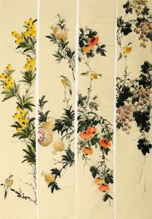 Chinese Four Screens of Flowers and Birds Painting,35cm x 136cm,2340107-x