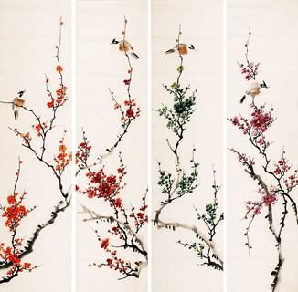 Chinese Four Screens of Flowers and Birds Painting,35cm x 136cm,2340108-x
