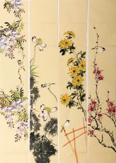 Chinese Four Screens of Flowers and Birds Painting,35cm x 136cm,2340109-x
