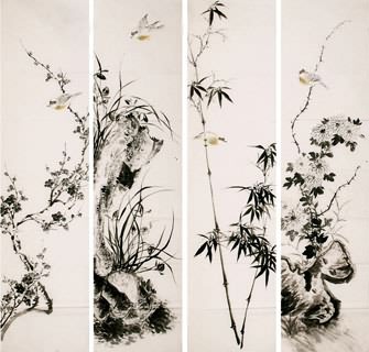 Chinese Four Screens of Flowers and Birds Painting,34cm x 138cm,2340110-x