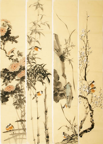 Four Screens of Flowers and Birds,35cm x 136cm(14〃 x 53〃),2340111-z