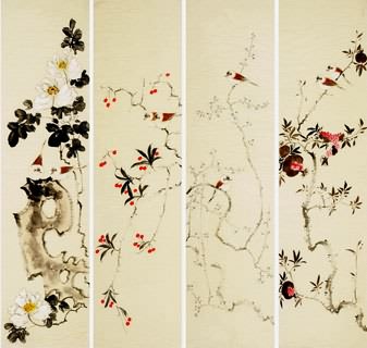 Chinese Four Screens of Flowers and Birds Painting,33cm x 130cm,2340112-x
